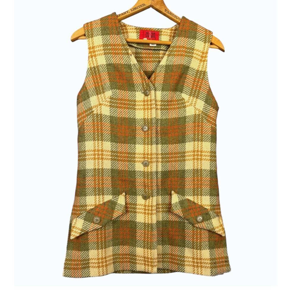 Vintage 1960s Mr. Leonard Wool Vest Green Orange Plaid Sleeveless Button Front